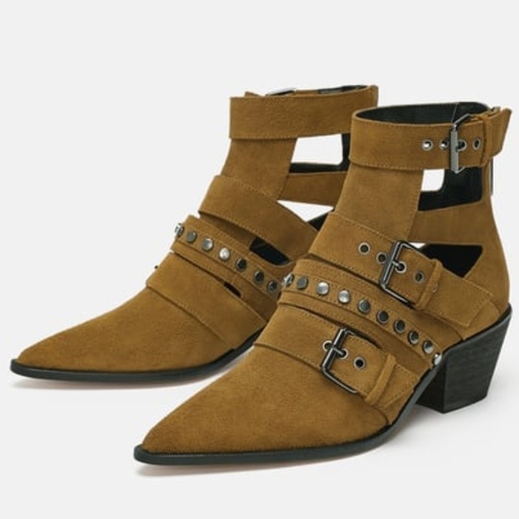 ZARA BELTED LEATHER HEELED ANKLE BOOTS - Picture 1 of 7